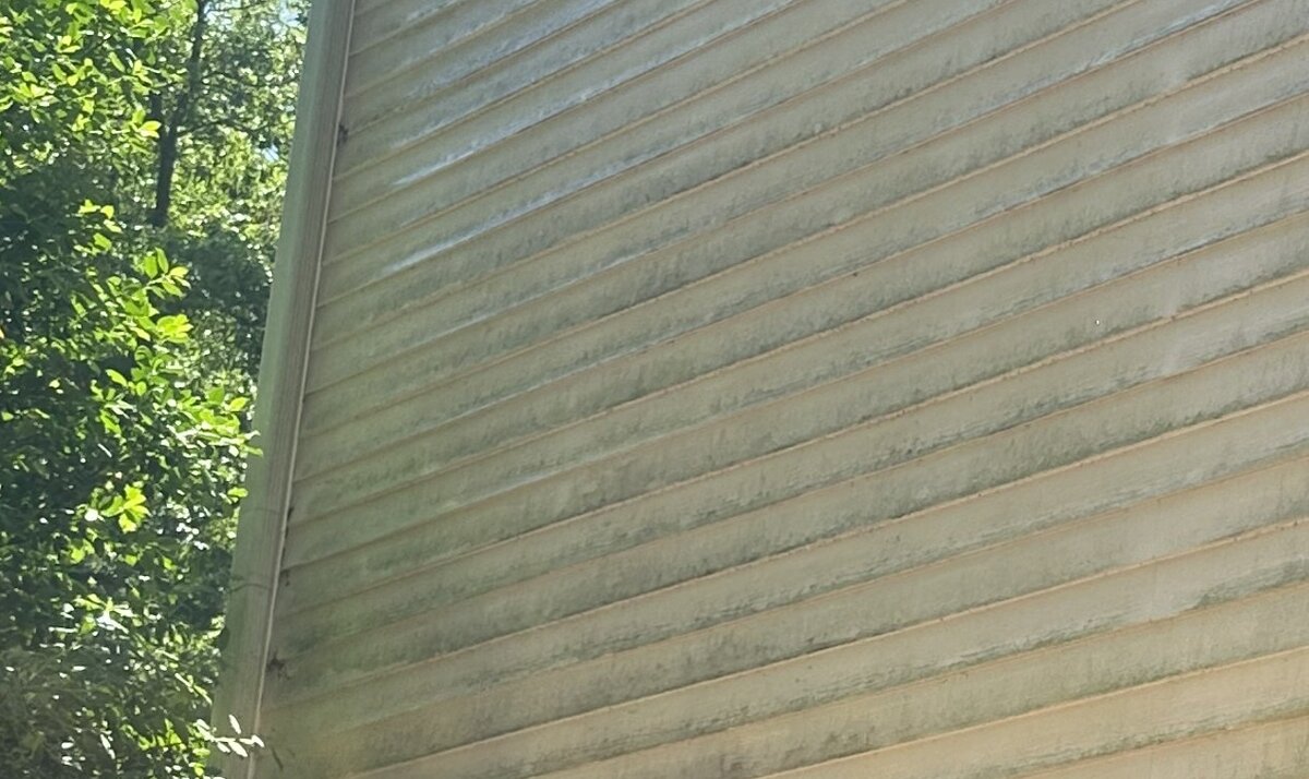 House siding before washing — mildew and dirt buildup visible